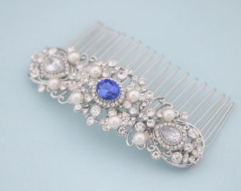 Bridal hair comb Navy blue headpiece Pearl and Crystal hair comb Wedding hair piece Bridal hair accessories floral Wedding hair comb Blue