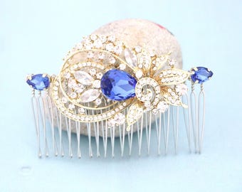Rose Gold Wedding Hair Comb: Navy Blue Crystal Bridal Headpiece Sapphire Blue Bridal hair clip Wedding hair clip Bridal hair comb Gold comb