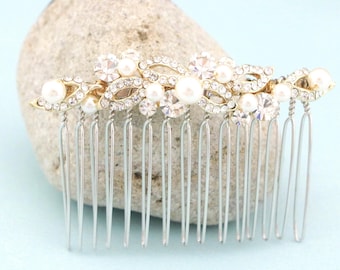 Gold Bridal Hair Comb: Pearl & Rhinestone Wedding Headpiece Bridal hair clip Wedding hair accessories Pearl drop Bridal earrings set Wedding