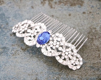 Sapphire Crystal Wedding hair comb: Silver Rhinestone Wedding Hairpiece Navy blue hair comb Bridal hair accessories Blue Wedding comb Bridal