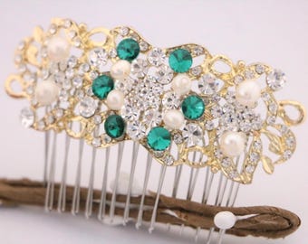 Crystal Pearl Bridal Hair Comb Gold Flower Leaf Wedding Hairpiece Green Wedding hair accessories Navy blue Bridal hair clip Wedding comb