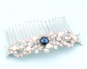 Silver Wedding headpiece Pearl hair clip Wedding hair accessories Bridal hair comb Crystal Wedding comb Bridal blue comb Navy blue hair comb