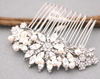 Pearl Wedding Hair Comb, Silver Bridal Headpiece Crystal Wedding earrings Pearl drop Bridal earrings Bridal hair clip Wedding hair piece