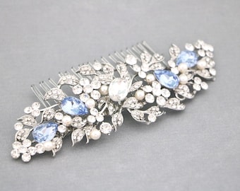 Sapphire Wedding Hair Comb: Silver Pearl Bridal Hair Jewelry Pearl Bridal headpiece Gold Wedding hair accessories Gold Bridal hair clip Boho