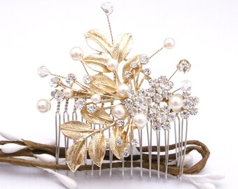 Flower and Leaf Hair Comb Gold and Crystal Hair Piece Wedding Hair Accessories for Bun Rose Gold Bridal Headpieces Wedding hair comb Bridal