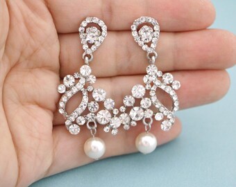 wedding chandelier earrings bridal earrings drop pearl earrings Silver Crystal earrings Bridal rhinestone earrings Bridal Jewelry Bridesmaid