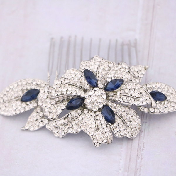 Navy blue Wedding hair comb Veil comb Sapphire hair comb Blue bridal comb Side Bridal headpiece Bridal hair comb Rhinestone side comb Bridal