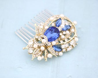 Crystal Bridal Hair Comb: Silver Wedding Headpiece with Sapphire Blue Wedding hair accessories Navy blue hair comb Gold veil comb Wedding