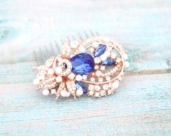 Sapphire Crystal Bridal Hair Comb, Rhinestone Wedding Hair Piece Pearl hair comb Navy blue hair comb Wedding hair clip Rose gold hair comb