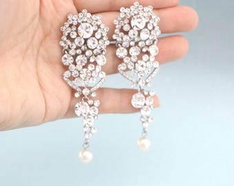Silver pearl chandelier earrings Rhinestone earrings Crystal earrings