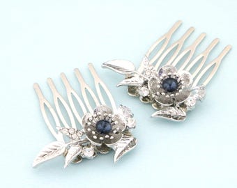 Rose Gold Bridal Hair Comb: Navy Crystal Rhinestone Wedding Headpiece Silver Wedding hair clip Bridal hair accessories Silver Wedding comb