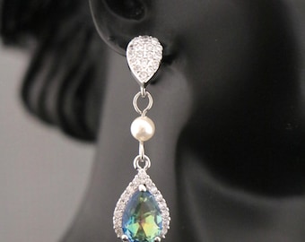 Swarovski pearl drop Bridal earrings: Blue Wedding earrings Crystal earrings Bridesmaid earrings ivory pearl earrings CZ Bridal jewelry Blue