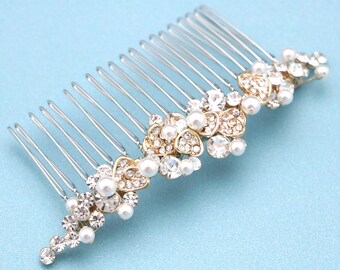 Gold veil comb Side bridal headpiece Wedding hair accessories for bun Wedding hair comb Rose gold Bridal hair comb Pearl drop Bridal earring