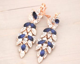 Clip on Rose gold Navy blue Bridal earrings Light Sapphire Bridal earrings Clip on Wedding earrings Blue earrings Rhinestone earrings Gold