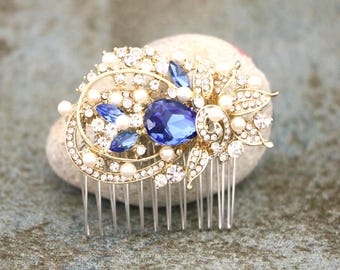 Sapphire Blue Crystal Bridal Hair Comb, Rhinestone Wedding Headpiece Gold veil comb Wedding hair accessories Bridal hair clip Navy blue comb