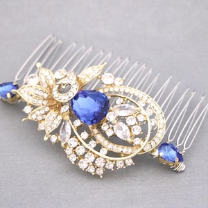 something blue hair comb Gold veil comb Rose gold Bridal hair comb Navy blue Wedding comb Sapphire Wedding hair comb Bridal headpiece Side