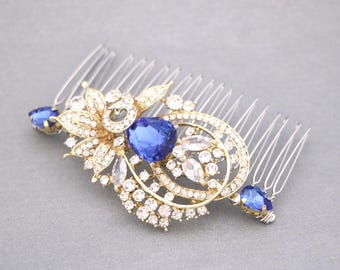 something blue hair comb Gold veil comb Rose gold Bridal hair comb Navy blue Wedding comb Sapphire Wedding hair comb Bridal headpiece Side