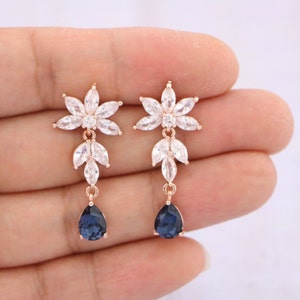 Blue sapphire Wedding Earrings for leaf brides bridal earrings something blue Bridal earrings Dusty blue Crystal earrings Navy blue earrings