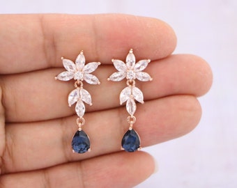 Blue sapphire Wedding Earrings for leaf brides bridal earrings something blue Bridal earrings Dusty blue Crystal earrings Navy blue earrings