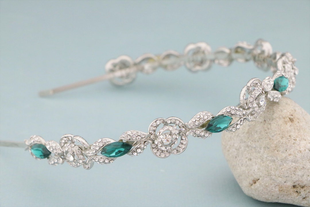 Silver Wedding Hair Headband Emerald Crystal Headband Blue Bridal