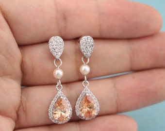 Champagne crystal earrings bridal earrings Pearl long earrings Silver bridesmaid gift chandelier earrings champagne crystal Wedding earrings