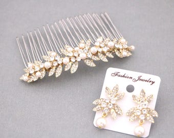 Gold Pearl hair comb Pearl drop Wedding earrings Wedding hair piece Bridal hair accessories Bridal earrings Rose gold Bridal hair clip Boho