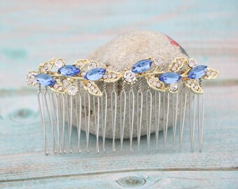 wedding side hair comb bridal comb hairpiece bohemian Gold veil comb Blue hair accessories Side bridal headpiece Wedding hair comb Hairclip