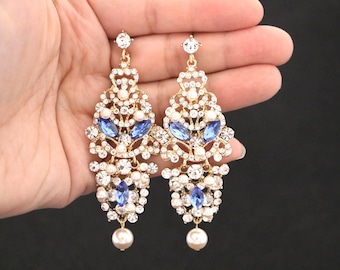 bridal earring chandelier Sapphire Crystal Wedding earrings Navy rhinestone bridal earring Gold deep blue wedding earrings Rose gold earring