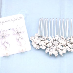 Silver Wedding hair piece Pearl drop Wedding earrings Gold earrings