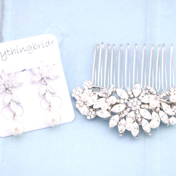 Silver Wedding hair piece Pearl drop Wedding earrings Gold earrings