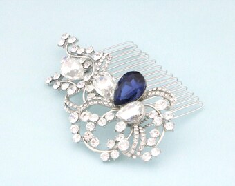 Flower and Leaf Hair Comb Blue Hair Accessories Bridal Hair Piece for Bun Gold Bridal hair comb updo Rose gold Wedding comb Bridal headpiece