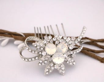 White Opal Wedding Hair Piece Silver Wedding hair clip Navy blue hair comb Blue hair jewelry Wedding hair accessories Bridal hair comb Side