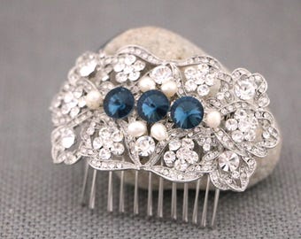blue hair clip wedding hair accessories for bun Navy blue Wedding hair comb updo Blue hair jewelry Wedding comb Silver Bridal hair comb Blue