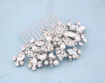 Rhinestone Wedding Hair Comb: Silver Bridal Hair Jewelry, Sapphire Blue Crystal hair comb White opal Wedding hair clip Bridal hair comb blue