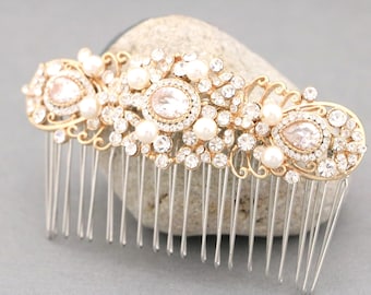 Pearl side comb Bridal hair clip Wedding hair jewelry Bridal hair accessories for bun Rose gold Wedding hair comb Crystal Wedding comb Boho