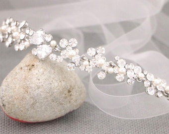 Ribbon Wedding headband Side Bridal hair piece Rhinestone headband Crystal headband Wedding hair jewelry headband Bridal tiara headband Gold