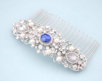 Sapphire Crystal hair comb Silver Wedding hair clip Navy blue Wedding hair comb Side Bridal headpiece Rhinestone Bridal hair comb Blue comb
