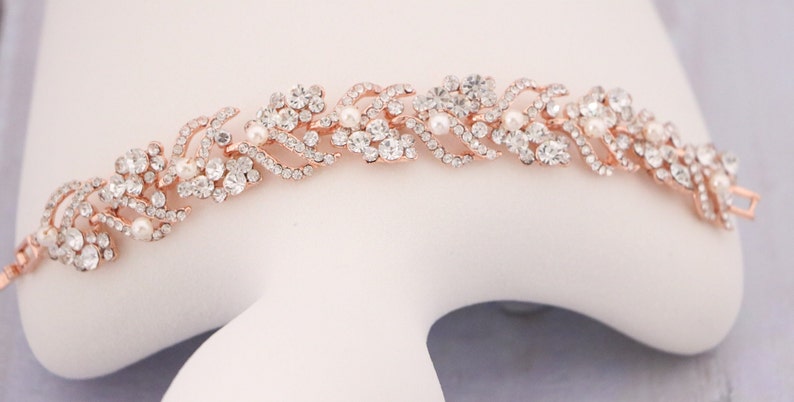 Pearl and Crystal bracelet Rose gold Wedding jewelry Rhinestone Bracelet Bridal jewelry bracelet Prom jewelry Bridesmaid bracelet Bling Gold image 8