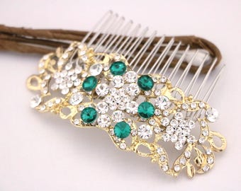 Crystal Pearl Bridal Hair Comb, Rhinestone Wedding Headpiece Green Wedding hair clip Bridal hair accessories Gold Wedding hair comb Silver