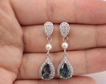 Wedding earrings pearl drop earrings Cubic Zirconia Bridal Earrings pearl cz drop earrings sapphire stud earrings wedding chandelier earring