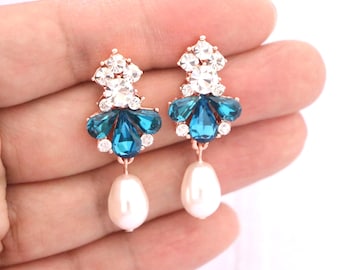 Royal blue dangle earring Pearl drop Wedding earring Navy blue earring
