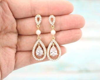 Bride Earrings Gold Pearl earrings Gold bridal jewelry earrings Rosegold rhinestone earrings Silver wedding earrings dangle earrings Crystal