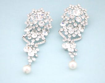 wedding earrings dangle Pearl drop Bridal earrings Silver Long Pearls Earrings pearl chandelier earrings Rhinestone earrings Crystal earring