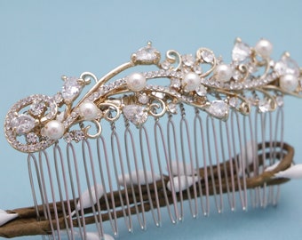 Gold Pearl Bridal Comb Floral Wedding Crystal & Rhinestone Comb Bridal Headpiece Gold Wedding Comb Pearl Floral Bridal Comb Side hair comb