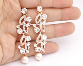 Pearl Bridal Earrings: Rhinestone Wedding Jewelry Rose gold Pearl drop Wedding earrings Gold Bridesmaid earrings Crystal earrings Wedding