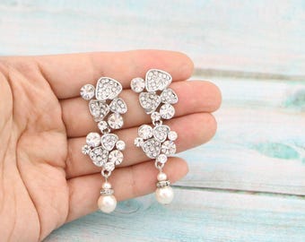 Pearl drop Bridal earrings pearl chandelier earring rose gold earrings wedding chandelier earrings Long Pearls Earrings Gold Crystal earring