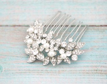 Silver Rhinestone Wedding Hair Comb, Bridal Hair Accessory Pearl hair comb Wedding hair clip Bridal hair accessories Crystal hair comb Side