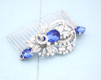 Bridal hair comb Sapphire Crystal hair comb Wedding hair accessories for bun Silver Wedding hair comb Wedding headpiece Navy blue hair comb