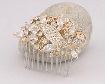 Wedding Crystal Hair Piece Gold Floral Hair Comb Bridal Hair Piece for Bun Rose Gold Bride Hair Clip Wedding Hair Accessories for Bun Bridal