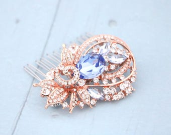 Light Sapphire Wedding comb Rose gold Wedding headpiece Gold veil comb Navy blue Wedding hair comb Crystal Wedding hair clip Bridal haircomb